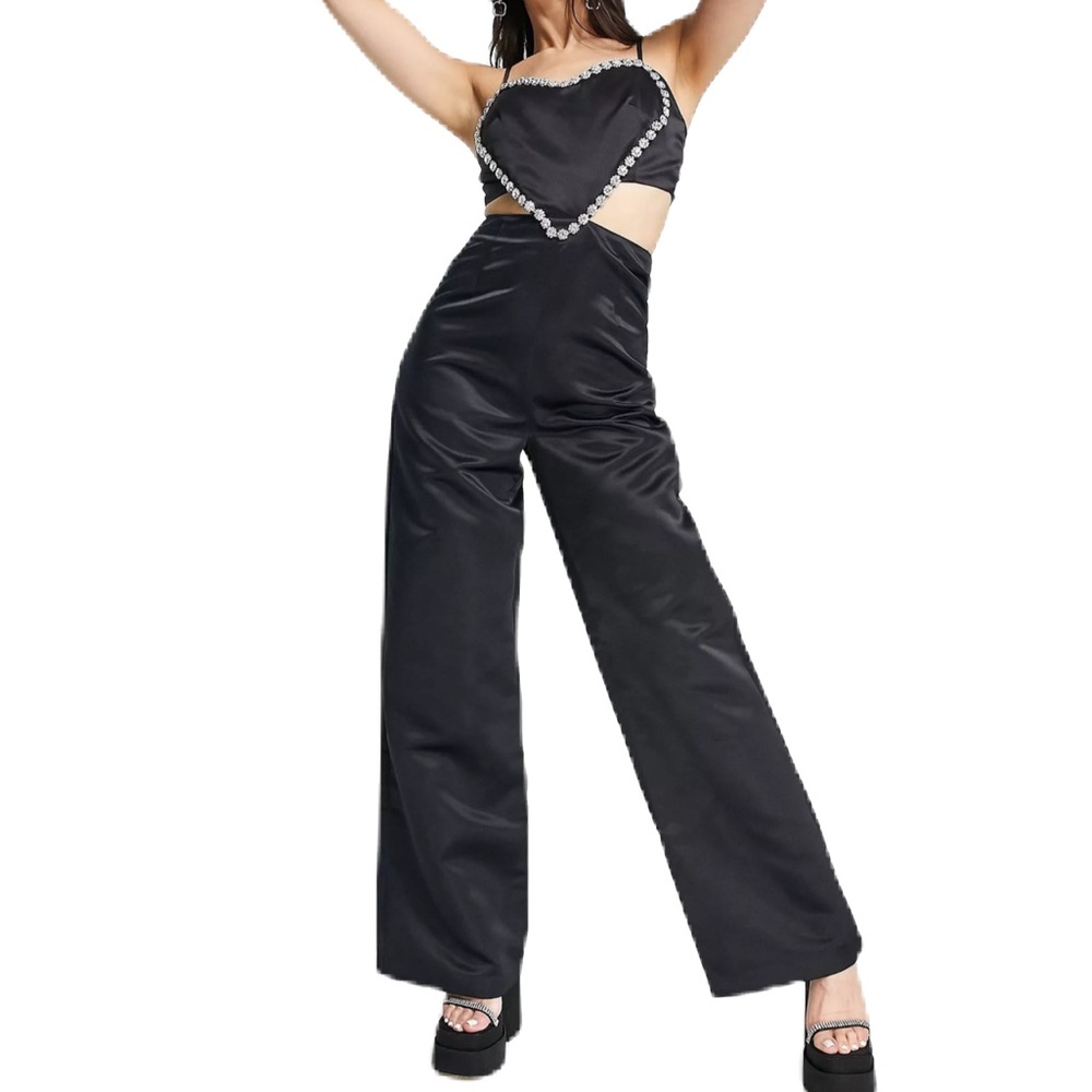 Embellished heart wide-leg jumpsuit in black